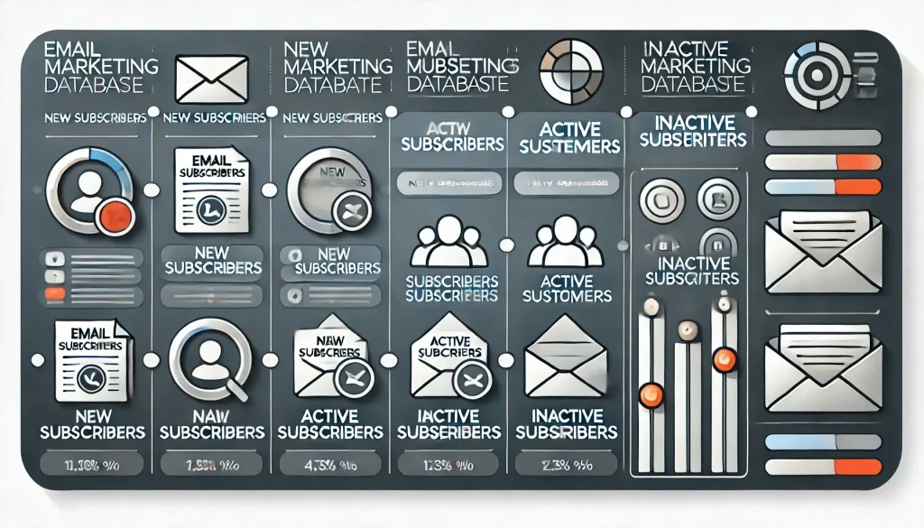A segmented email marketing database showing categories like New Subscribers, Active Customers, and Inactive Subscribers