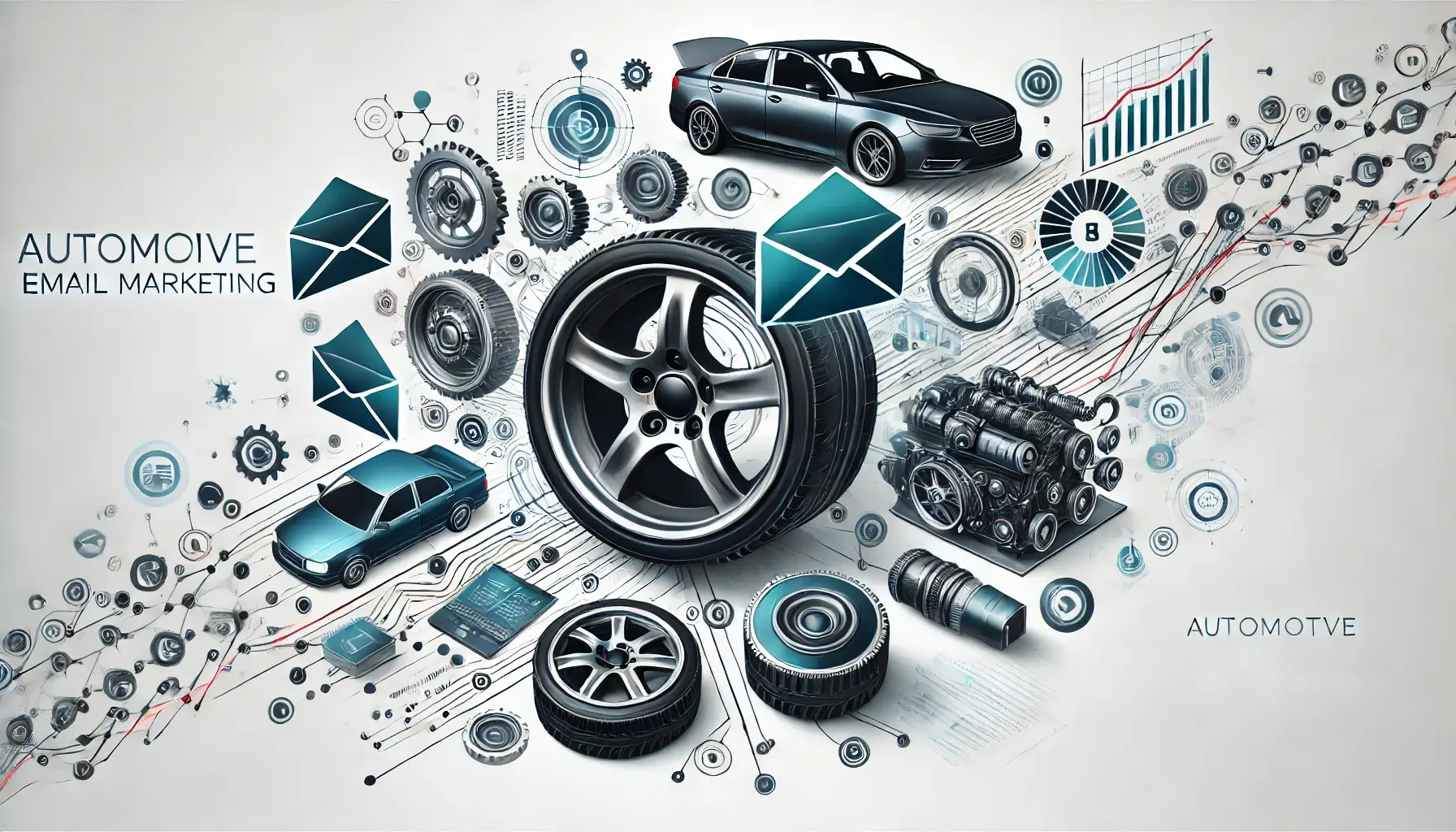 Illustration representing automotive email marketing with car icons and email symbols for digital engagement.