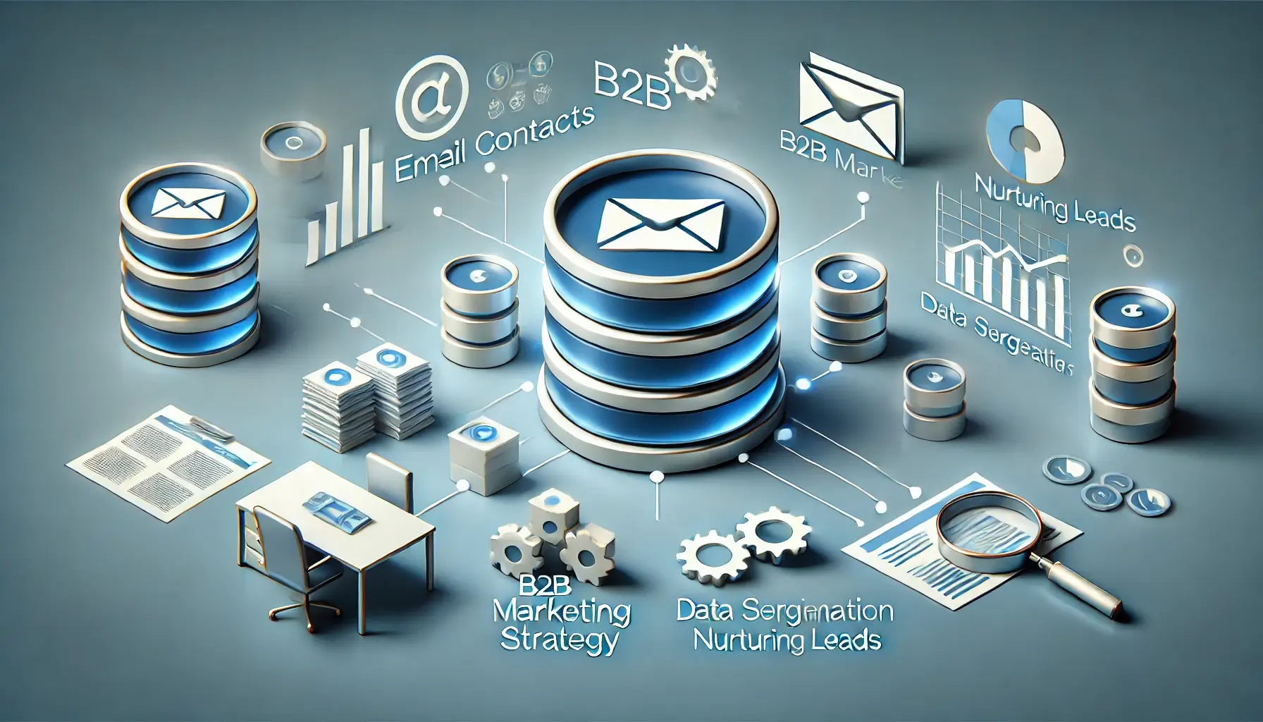 Illustration of a database for email marketing with icons representing email contacts, B2B marketing strategy, data segmentation, and nurturing leads.