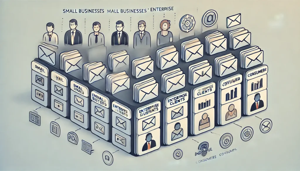 A graphic showing segmented email lists for different buyer personas, including New Leads, Returning Customers, High-Value Clients, and Prospective Partners.