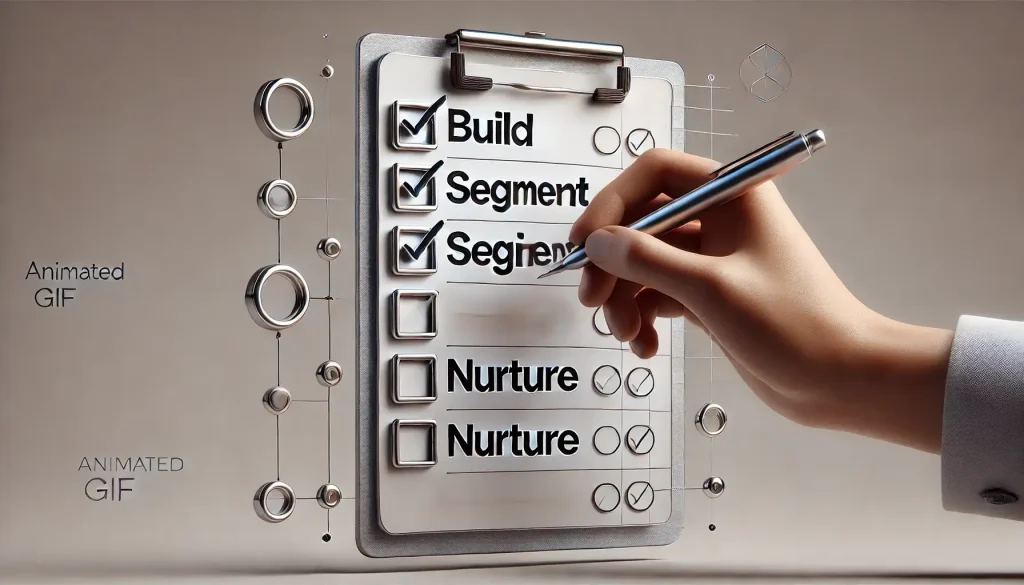 Illustration of a checklist marking items such as 'Build,' 'Segment,' and 'Nurture,' representing an animated GIF concept.