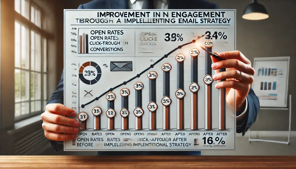 Bar graph showcasing improvement in engagement metrics like open rates and conversions after implementing a tailored email strategy.