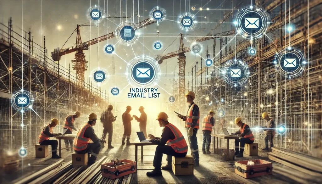 Photo of a construction site symbolizing connectivity through industry email lists, featuring workers in safety gear and digital overlays of interconnected email icons.