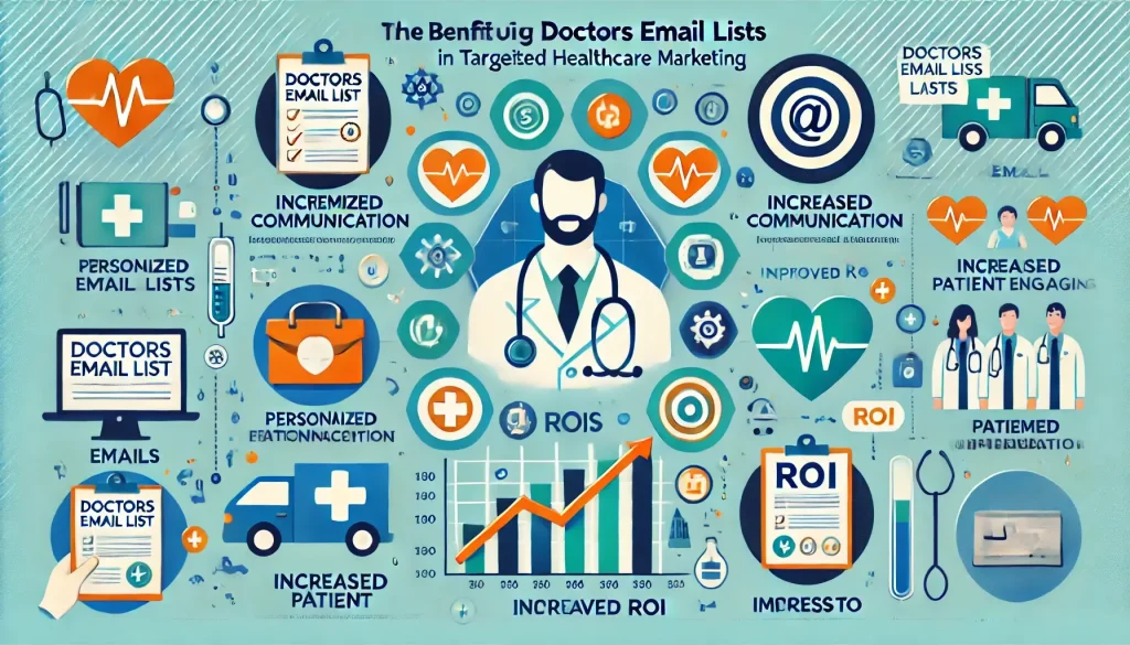 Infographic illustrating the benefits of using doctors email lists in targeted healthcare marketing, including personalized communication and improved ROI.