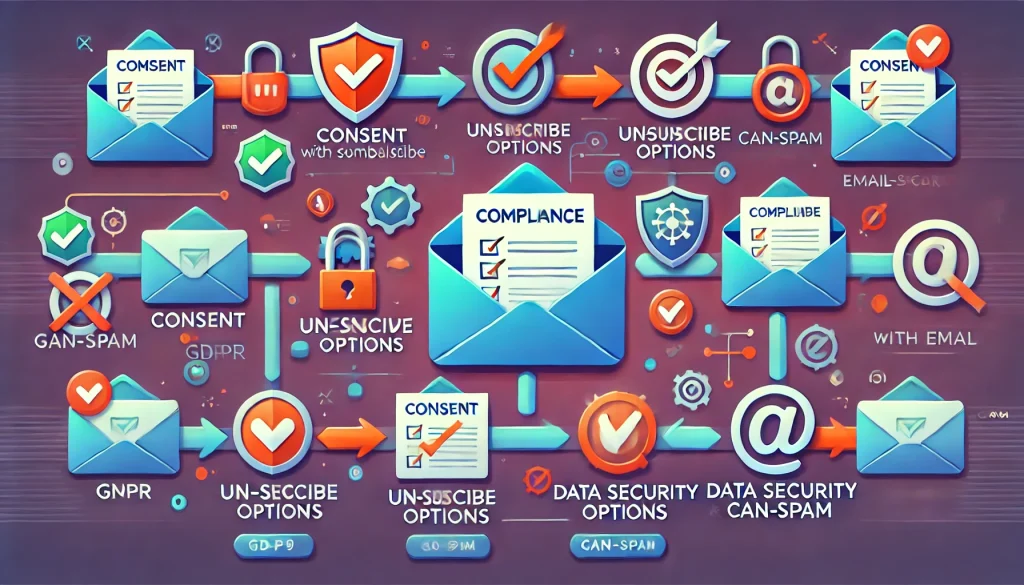 Animated image illustrating the compliance process with email regulations, featuring steps like consent, unsubscribe options, data security, and verification.