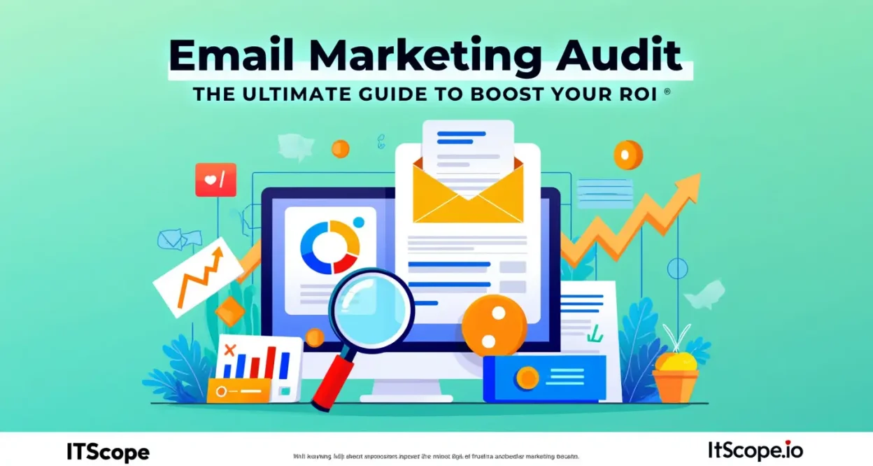 Email Marketing Audit illustration with charts and magnifying glass