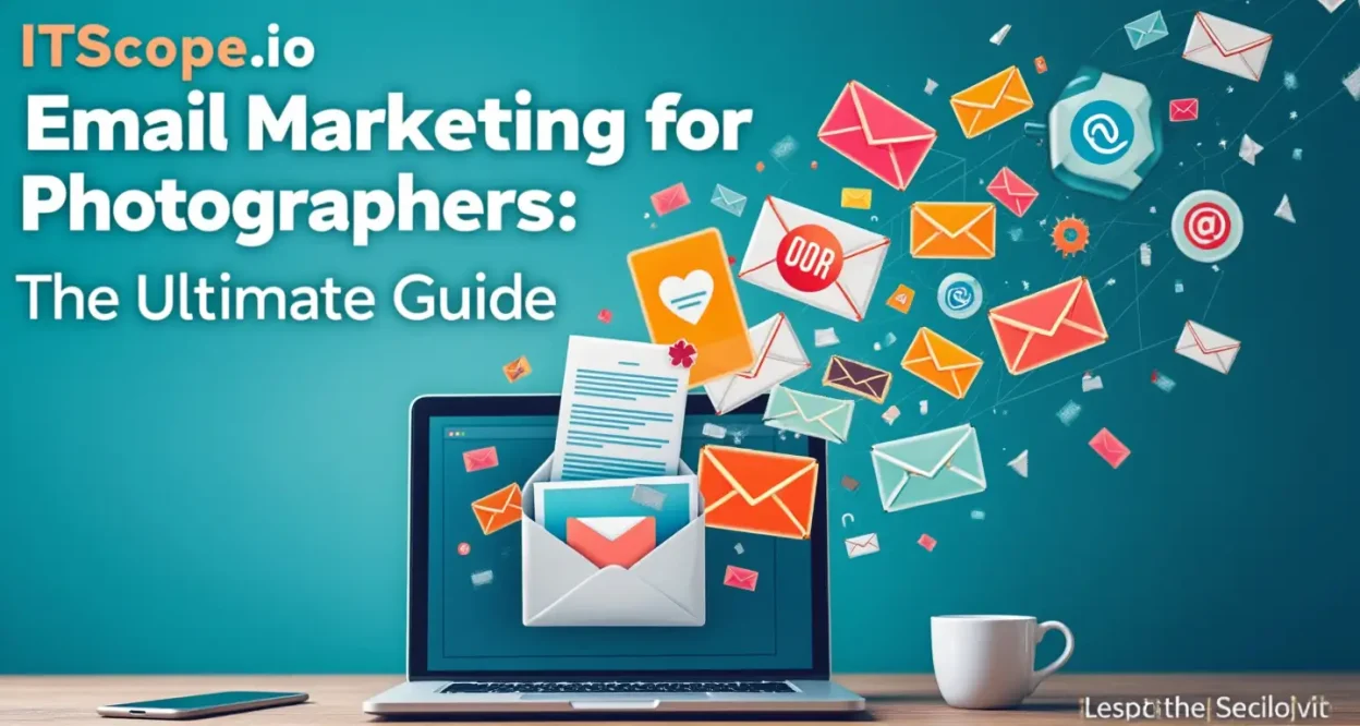 Email marketing for photographers illustrated with a digital toolbox showing email and camera icons, reflecting key strategies discussed in the guide