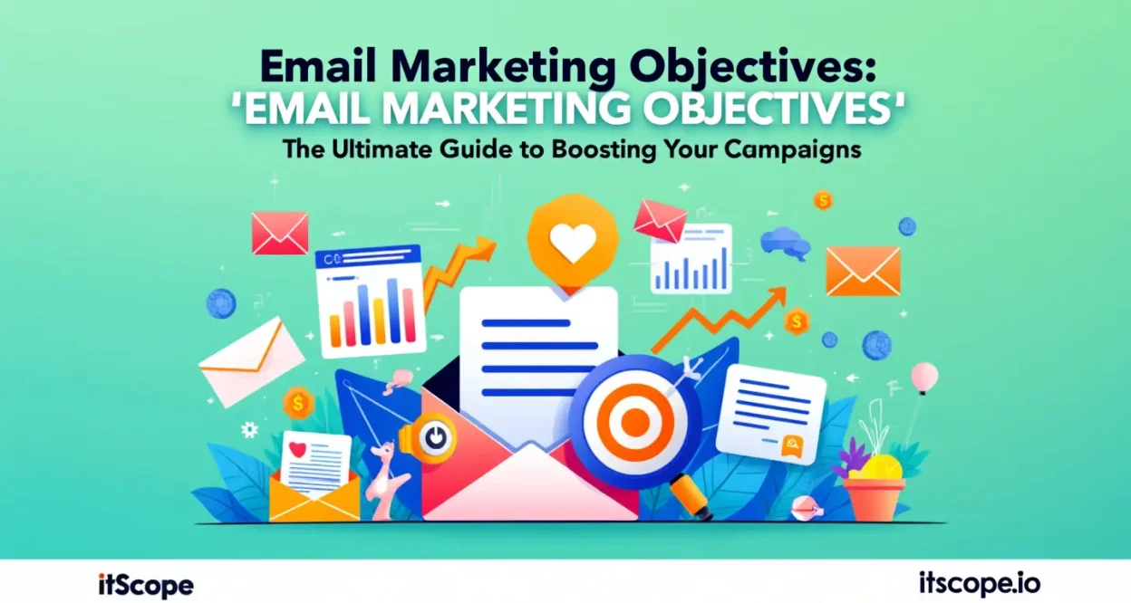 An illustration of email marketing objectives concepts, including emails, charts, and success targets