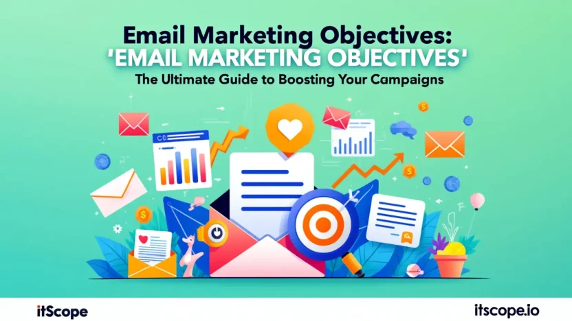 An illustration of email marketing objectives concepts, including emails, charts, and success targets