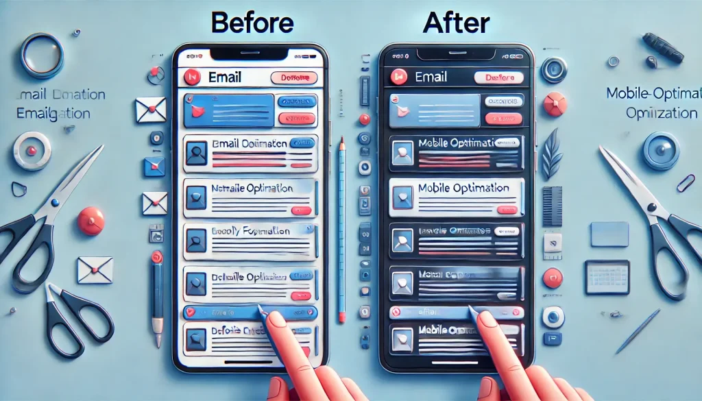 Split-screen image showing a before-and-after comparison of an email design without and with mobile optimization, highlighting responsive design improvements.