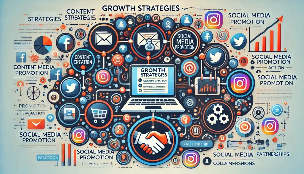 Diagram showcasing various growth strategies, including content creation, social media promotion, and collaborations, with interconnected elements like laptops, social media icons, and handshake symbols.