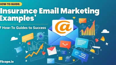 Insurance email marketing examples guide illustration with email and analytics symbols