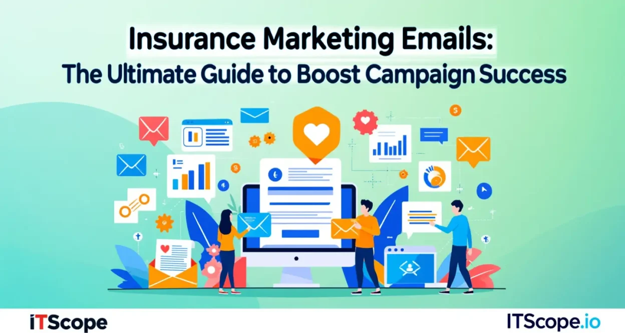 Illustration of insurance marketing emails concepts with email icons and graphs representing key strategies discussed in the guide.