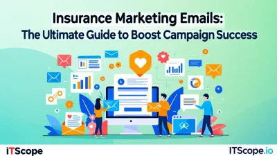 Illustration of insurance marketing emails concepts with email icons and graphs representing key strategies discussed in the guide.