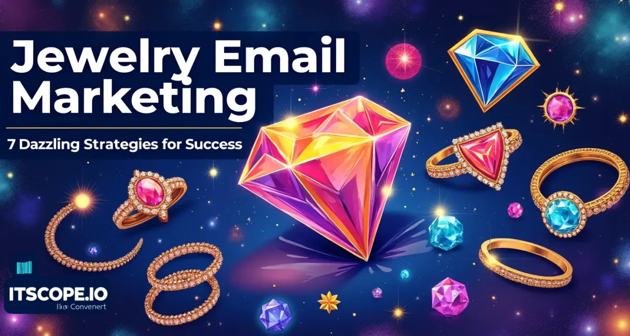 Jewelry Email Marketing strategies illustration with sparkling jewelry elements