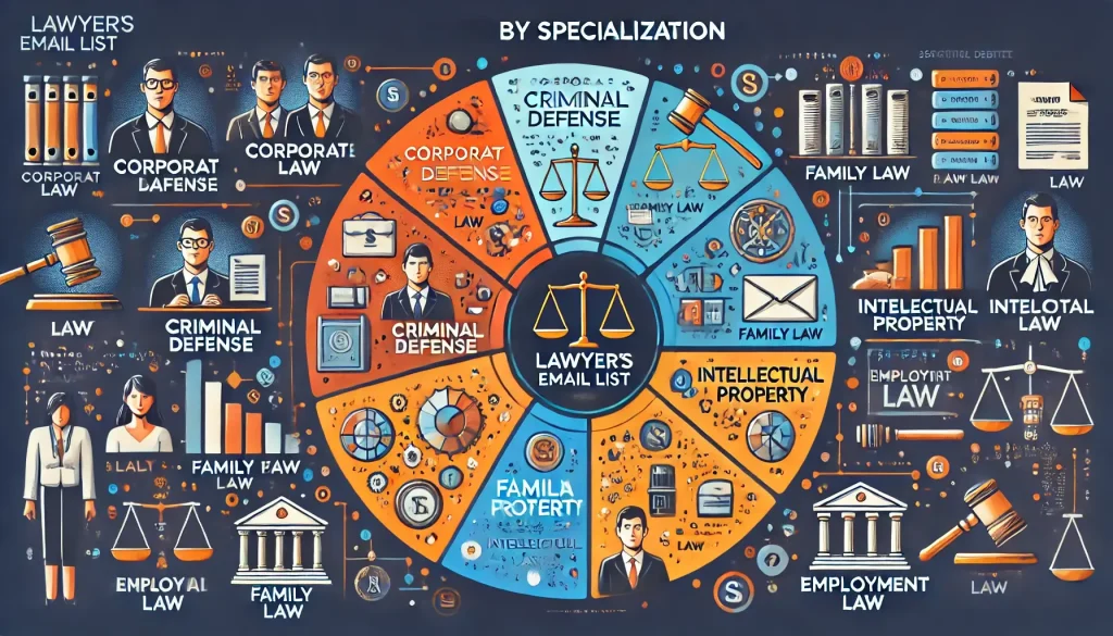 Infographic depicting the segmentation of a Lawyers Email List by specialization, including Corporate Law, Criminal Defense, Family Law, and Intellectual Property.