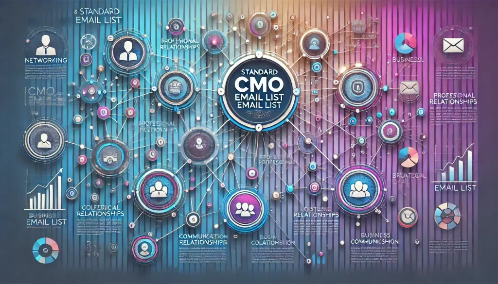 A vibrant infographic illustrating the network effect of a standard CMO Email List, showcasing interconnected nodes and professional relationships.