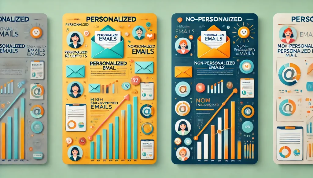 Visual comparison of personalized vs. non-personalized emails, highlighting higher engagement and success rates for personalized emails.