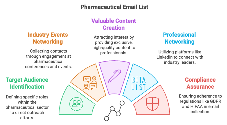 Steps to Build a Pharmaceutical Email List, highlighting key actions such as data collection, segmentation, and personalization.