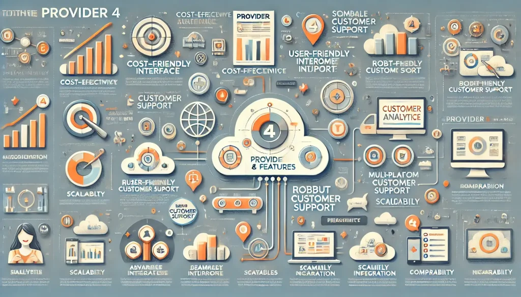 Infographic illustrating Provider 4's key benefits and features, including cost-effectiveness, scalability, user-friendly interface, and advanced analytics.