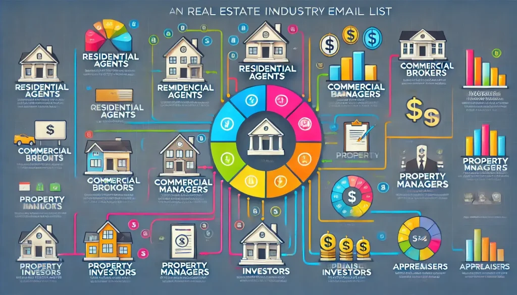 Infographic illustrating categories within a Real Estate Industry Email List, including Residential Agents, Commercial Brokers, and Property Managers.