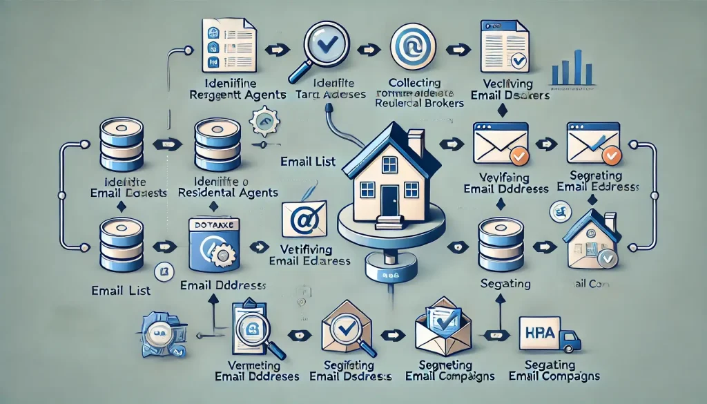 Flowchart showing the steps to build a Real Estate Industry Email List, including identifying audiences, collecting data, verifying emails, and segmenting lists.