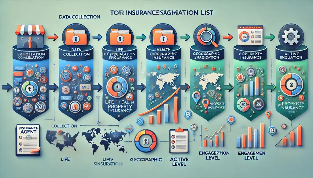 Infographic illustrating the segmentation process for an Insurance Agent Email List, highlighting steps like specialization, geography, and engagement levels.