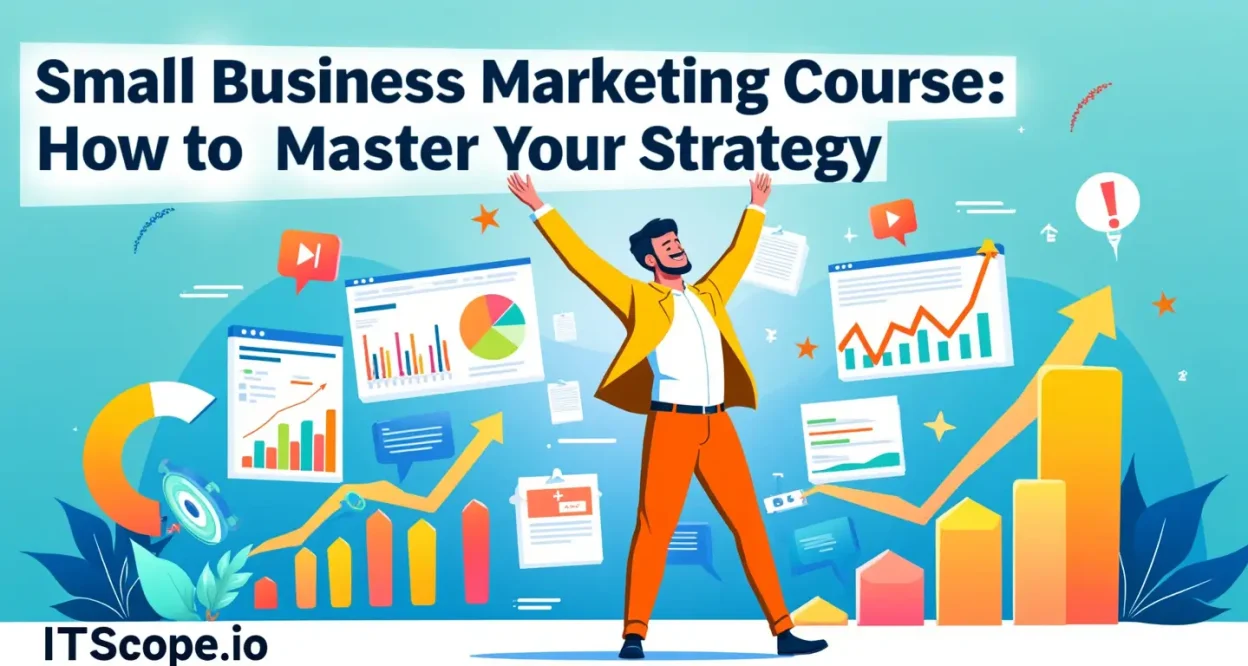 Small Business Marketing Course illustration featuring digital marketing tools and strategy symbols