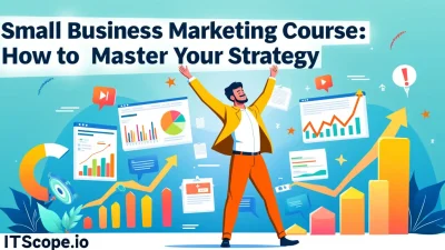 Small Business Marketing Course illustration featuring digital marketing tools and strategy symbols