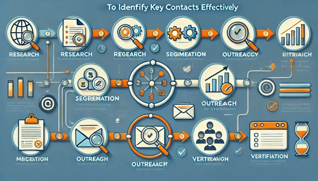 Infographic showcasing the steps to identify key contacts effectively, including research, segmentation, outreach, and verification with clear icons and labels.