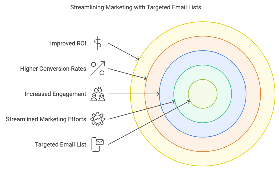 Infographic illustrating how a targeted email list streamlines marketing efforts, highlighting improved communication, better audience targeting, and higher ROI.