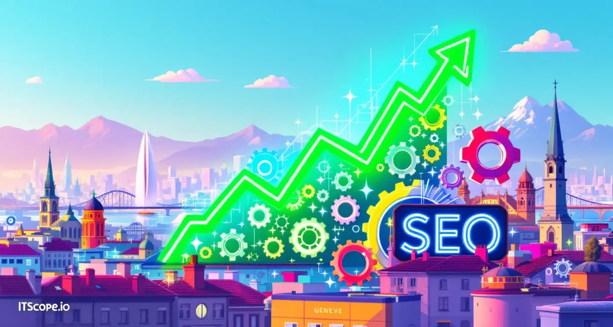 Illustration showcasing top SEO strategies for Genève, including growth charts and Geneva landmarks