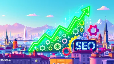 Illustration showcasing top SEO strategies for Genève, including growth charts and Geneva landmarks