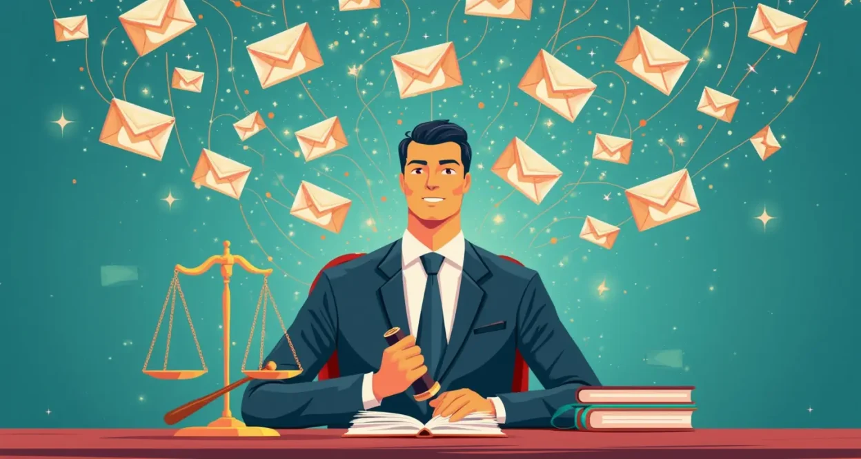 Attorney email marketing strategies illustration showing a lawyer engaging with digital communications