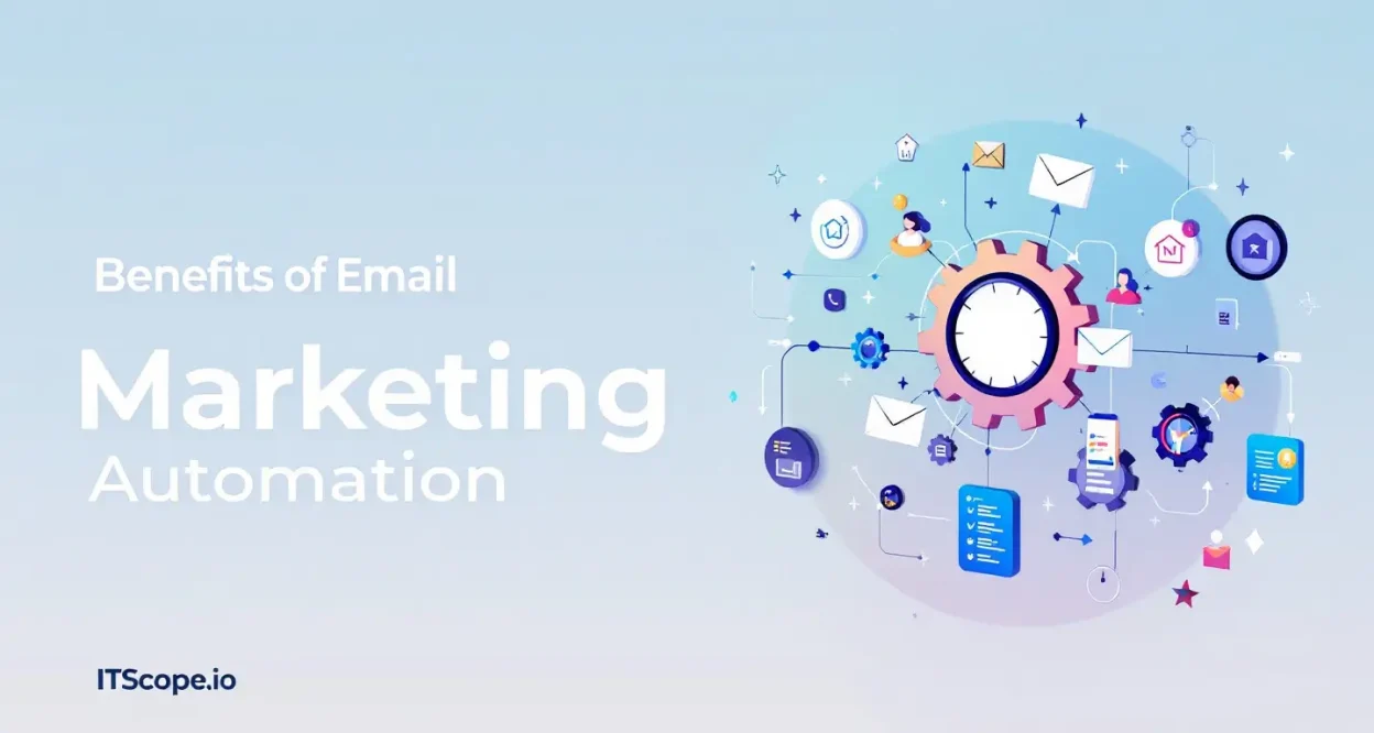 Benefits of email marketing automation illustration highlighting automated workflows and email icons