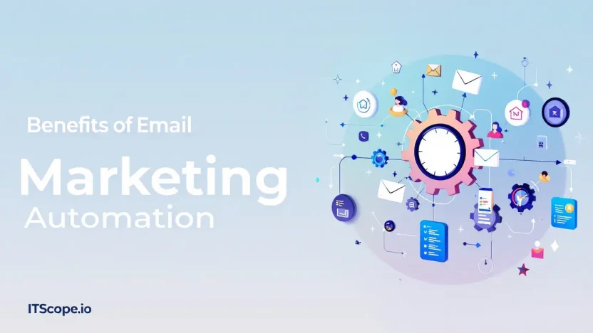 Benefits of email marketing automation illustration highlighting automated workflows and email icons