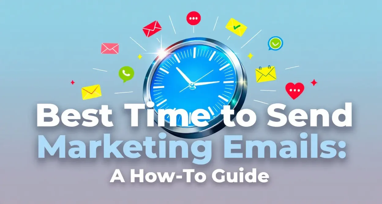 Illustration of the best time to send marketing emails, showing a digital clock surrounded by email icons.