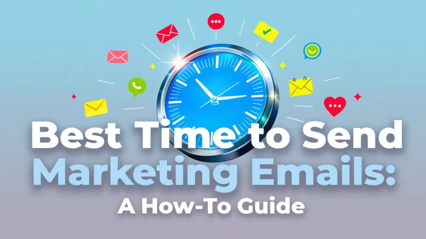 Illustration of the best time to send marketing emails, showing a digital clock surrounded by email icons.