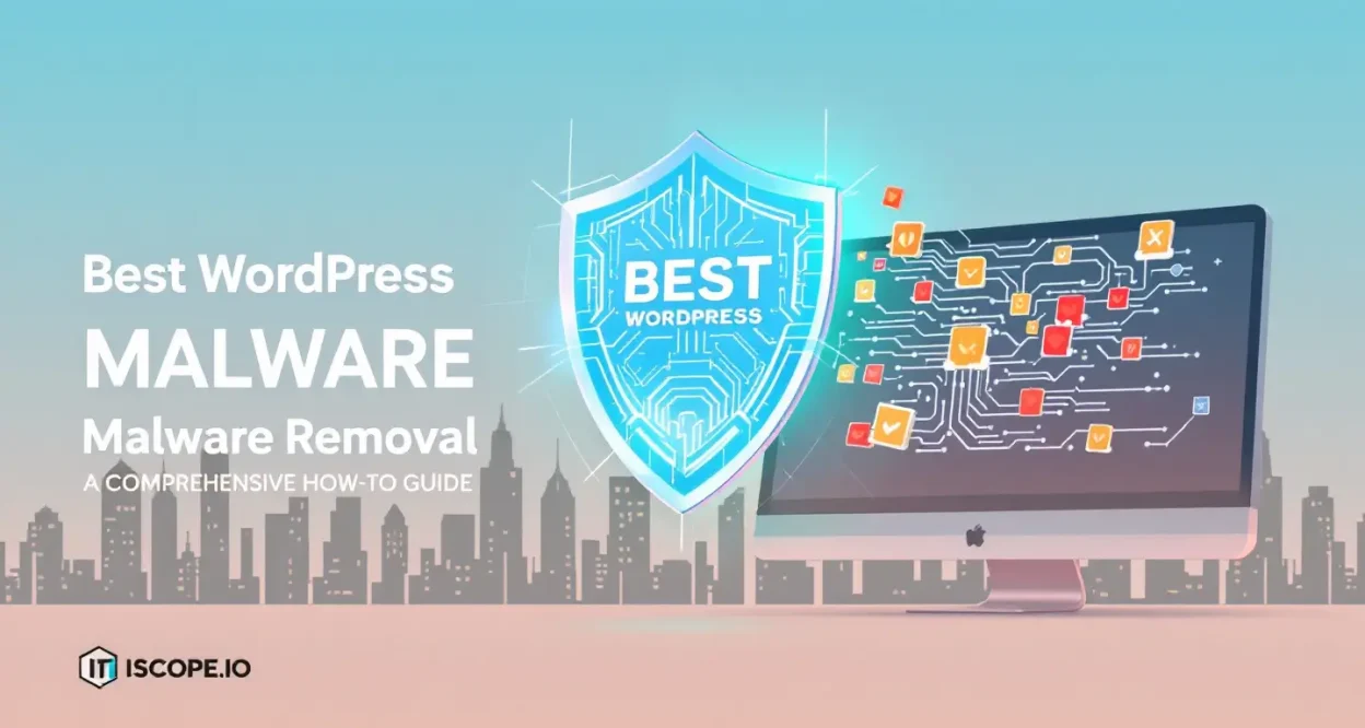 Best WordPress malware removal techniques illustrated with a digital shield protecting a WordPress site.