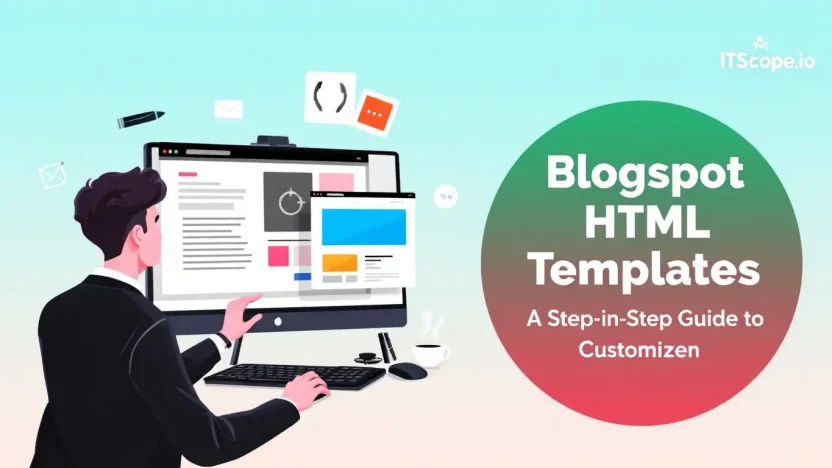 Graphic of designer customizing Blogspot HTML templates with modern design tools