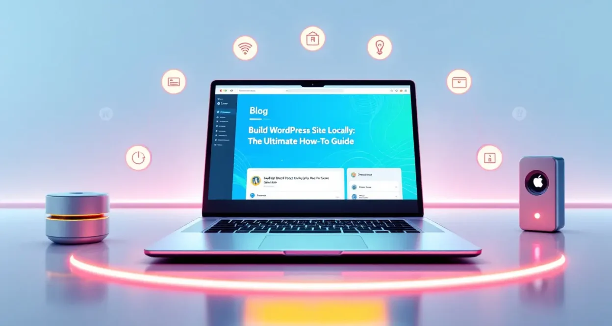 Build WordPress site localhost illustration showing a laptop with WordPress dashboard and local server icons