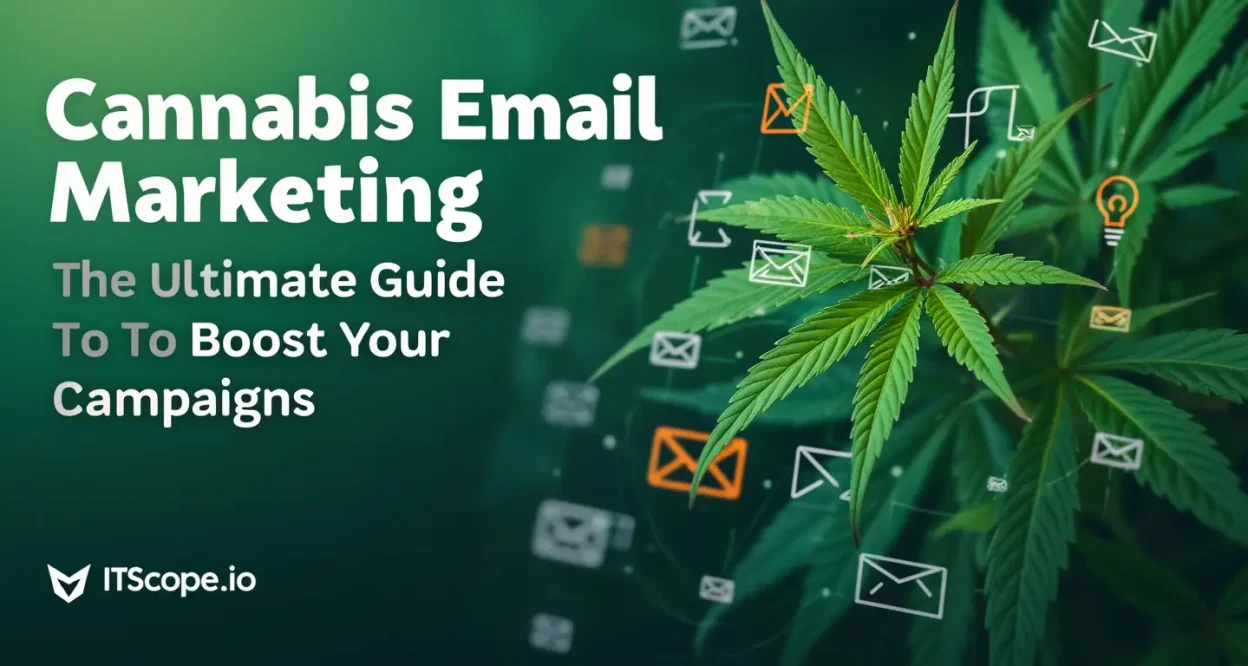 Cannabis email marketing illustration featuring digital mail and cannabis leaves