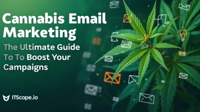 Cannabis email marketing illustration featuring digital mail and cannabis leaves