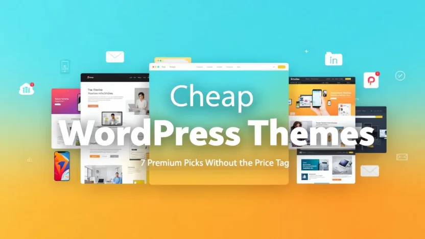 Cheap WordPress themes collage showcasing premium design elements