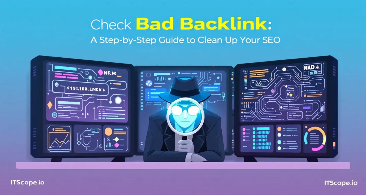 Check Bad Backlink illustration showing digital analysis of harmful links