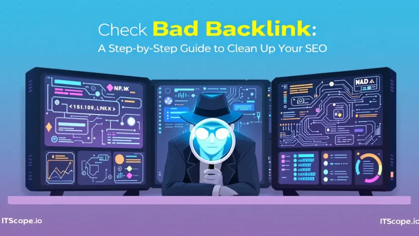 Check Bad Backlink illustration showing digital analysis of harmful links