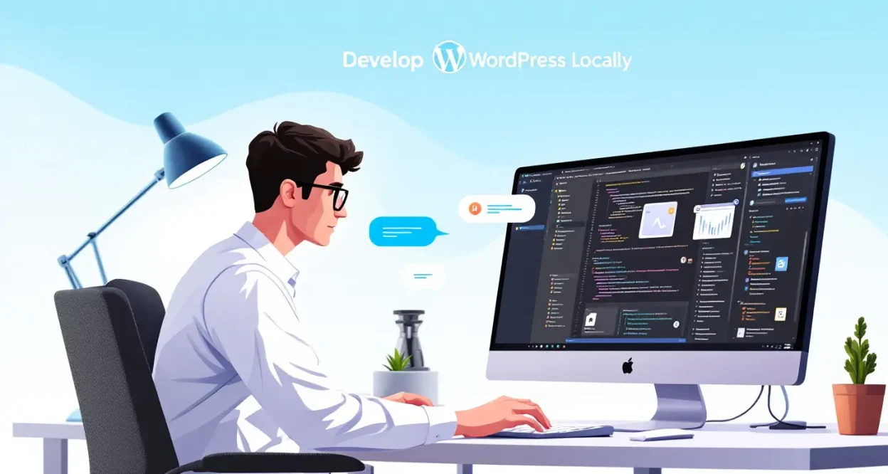 Develop WordPress Locally guide illustration showing a developer's workspace with WordPress tools.