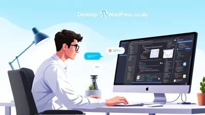 Develop WordPress Locally guide illustration showing a developer's workspace with WordPress tools.