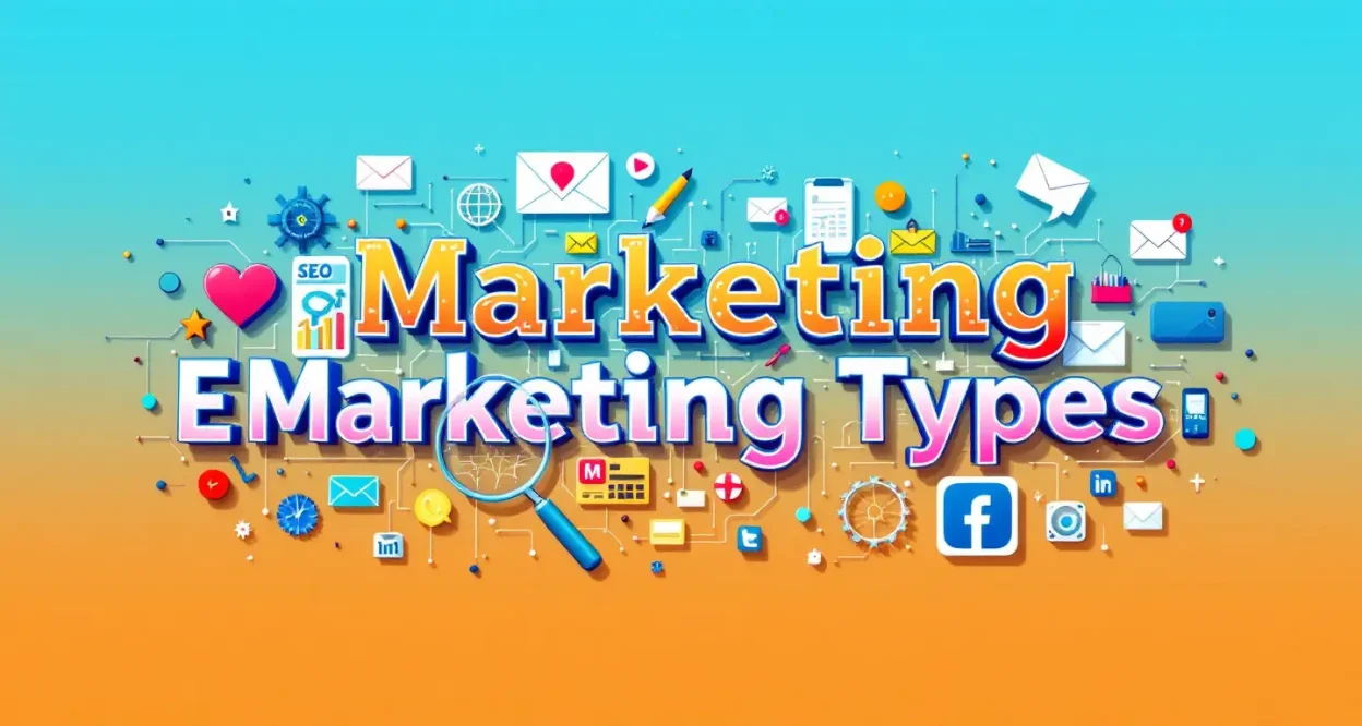 E Marketing Types illustration showing various digital marketing strategies