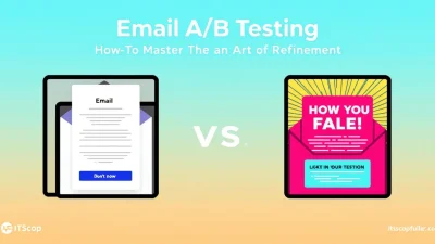 Email A/B Testing illustration showcasing two contrasting email designs being evaluated